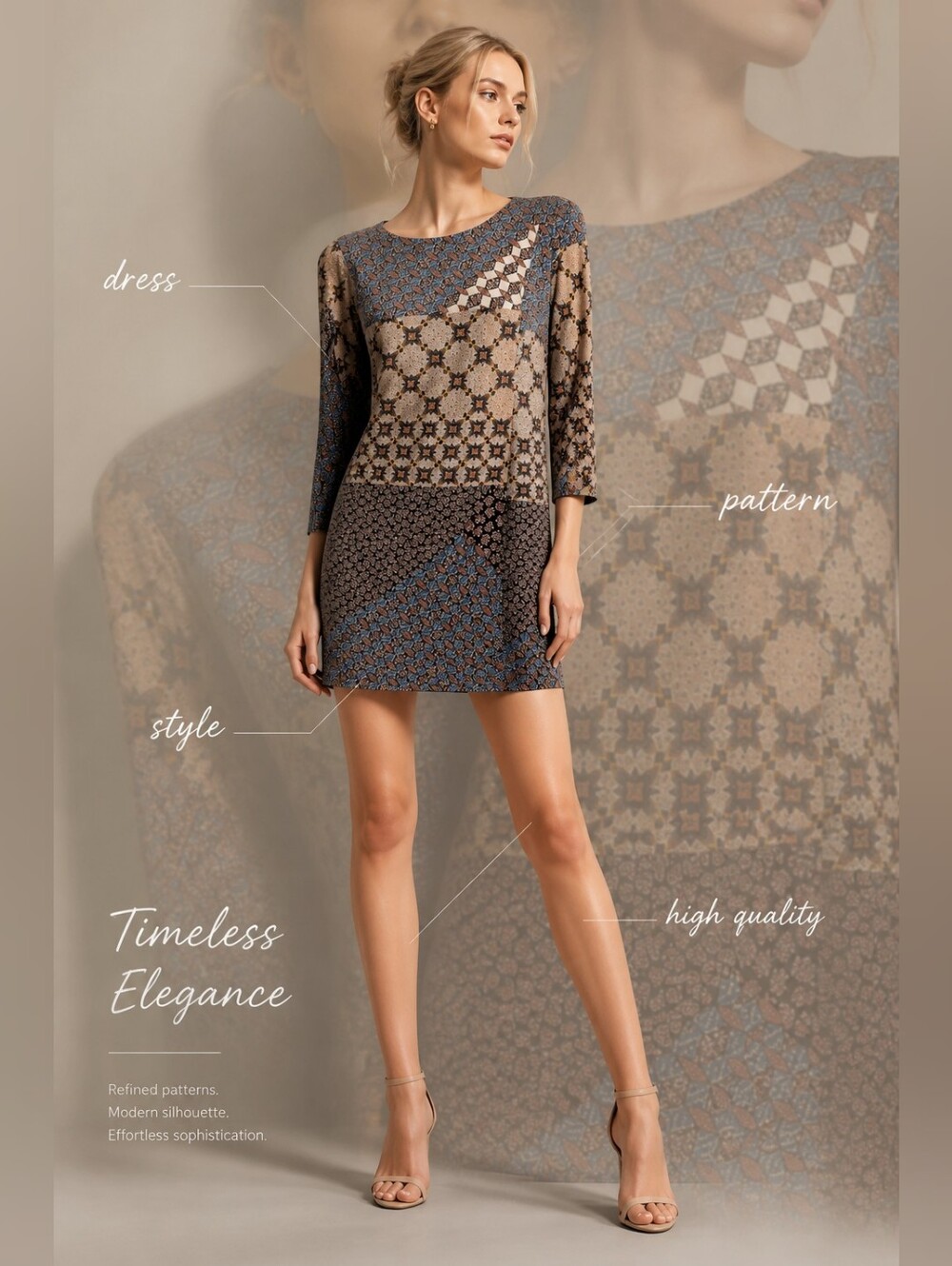 Zara Geometric Patches Style Mini Dress  3/4 Sleeve in Blue and Tan Size L